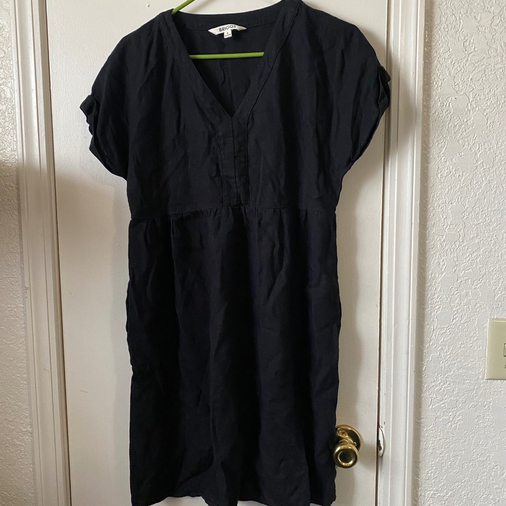Briggs Black‎ Linen Blend Short Sleeve Casual V-Neck Dress Womens Size S